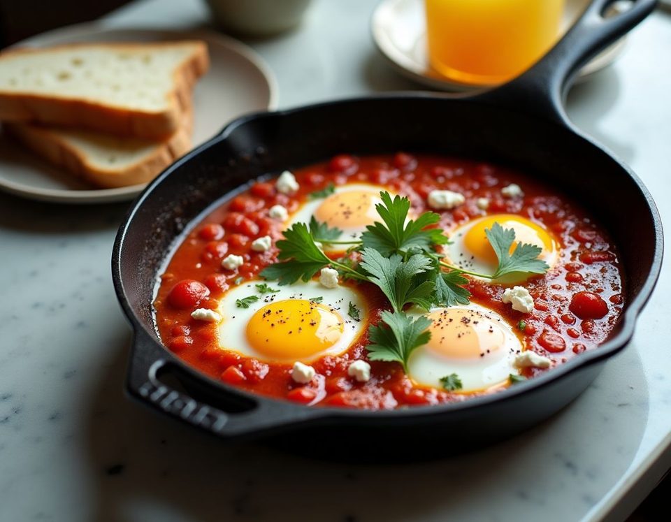 Shakshuka in a cast-iron pan with feta, coriander and sourdough